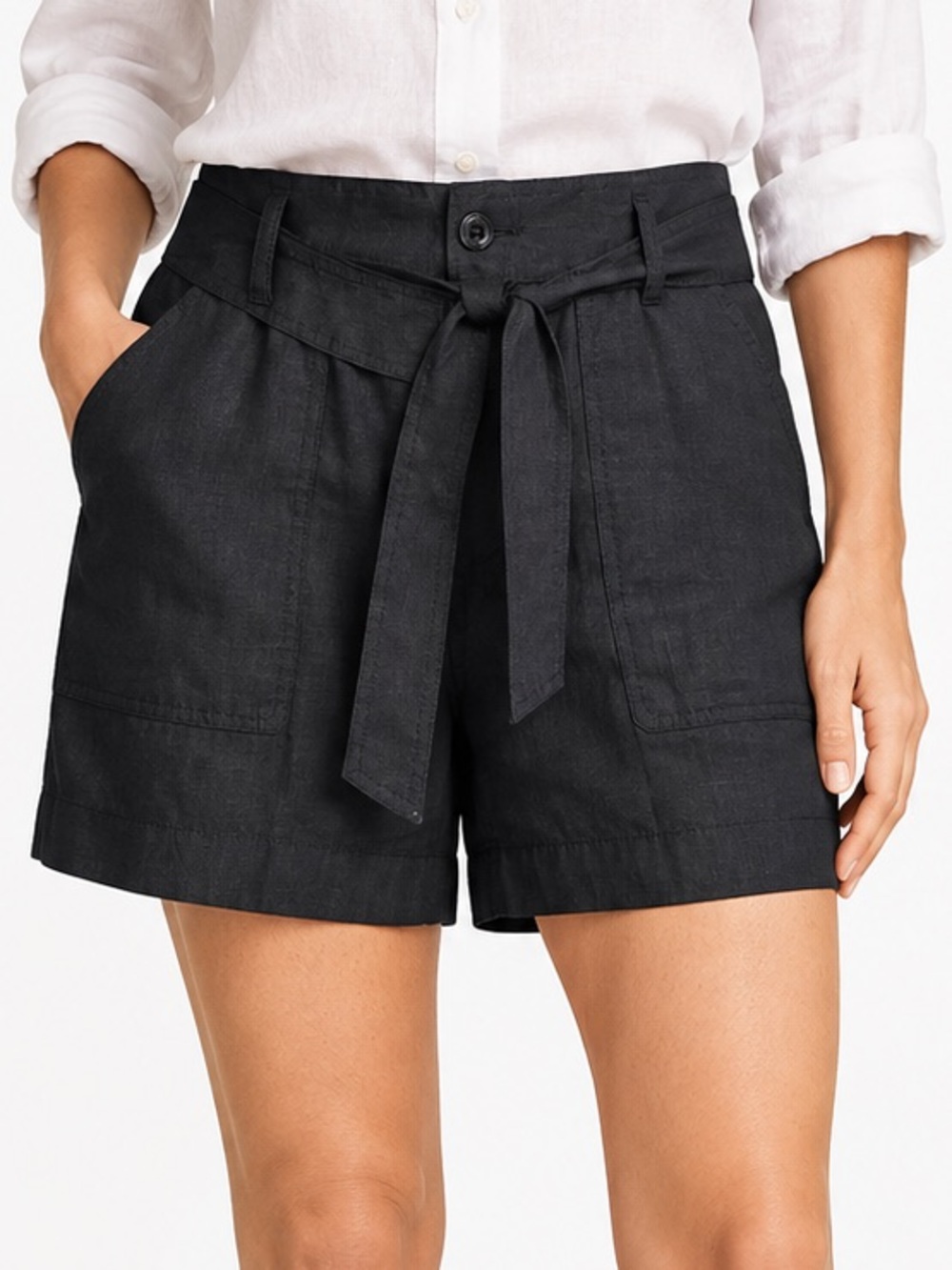 Lauren Ralph Lauren Black Linen Tie Waist Wide Leg Shorts Size 12 Utility Safari